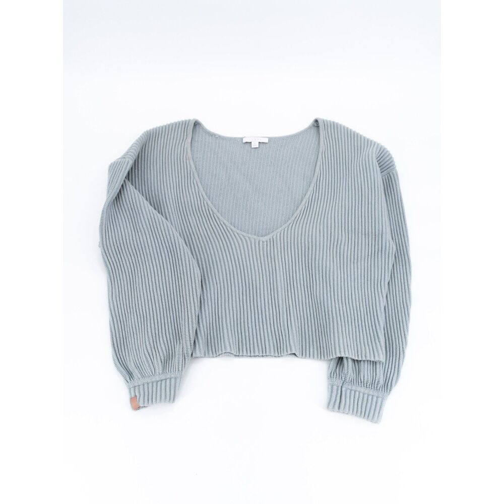 Lunya Womens S Ribbed Sweater V Neck Light Blue/Gray Long Sleeve Organic Cotton